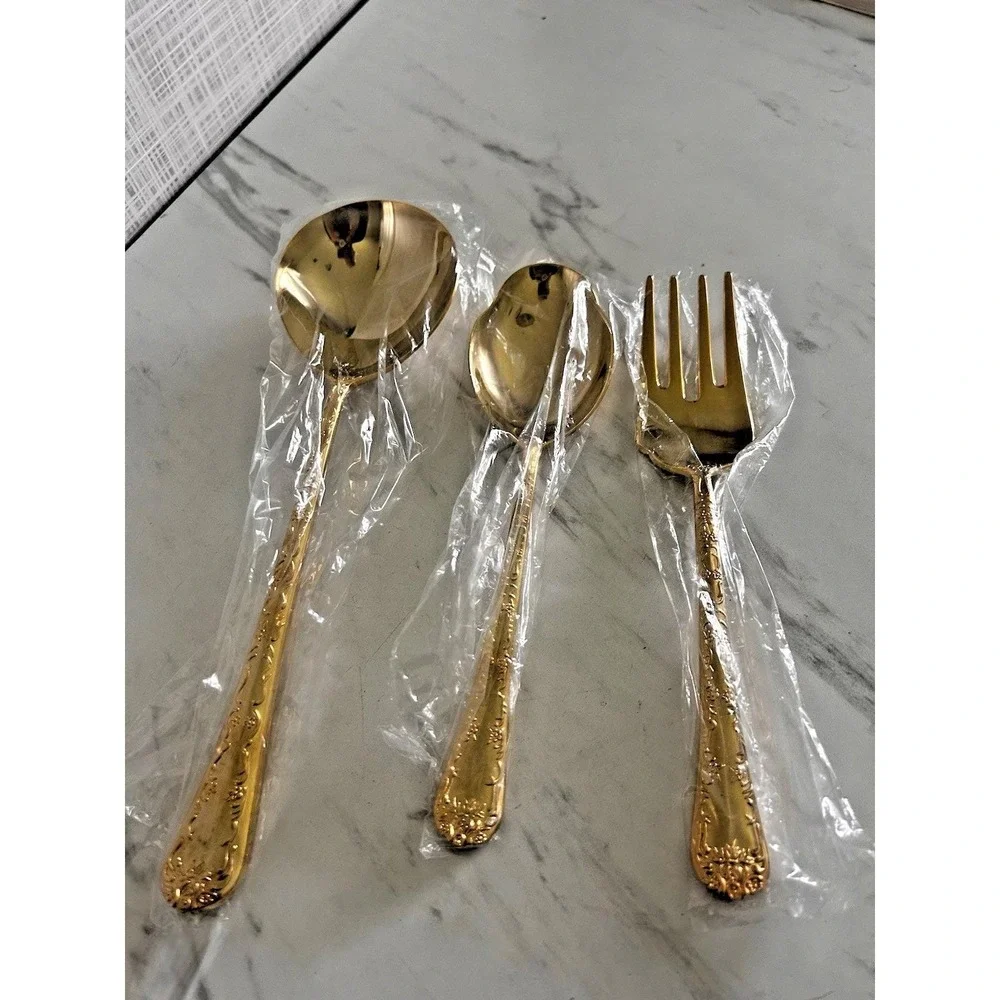 WM Rogers & Son Gold Tone Serving Spoon Meat Fork Soup Ladle Enchanted Rose A